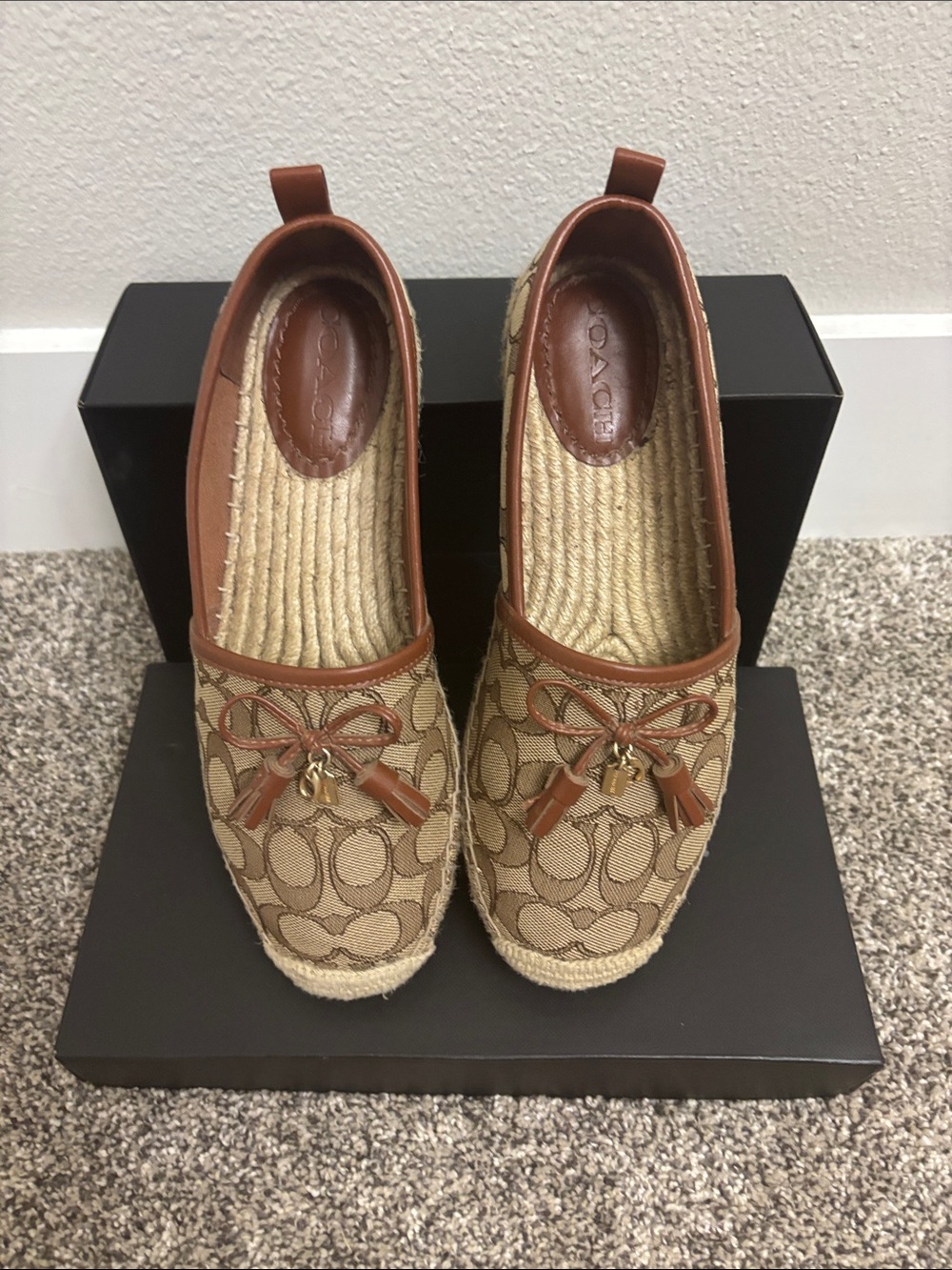 Coach Tan Signature Logo Espadrille Flats with Brown Trim
